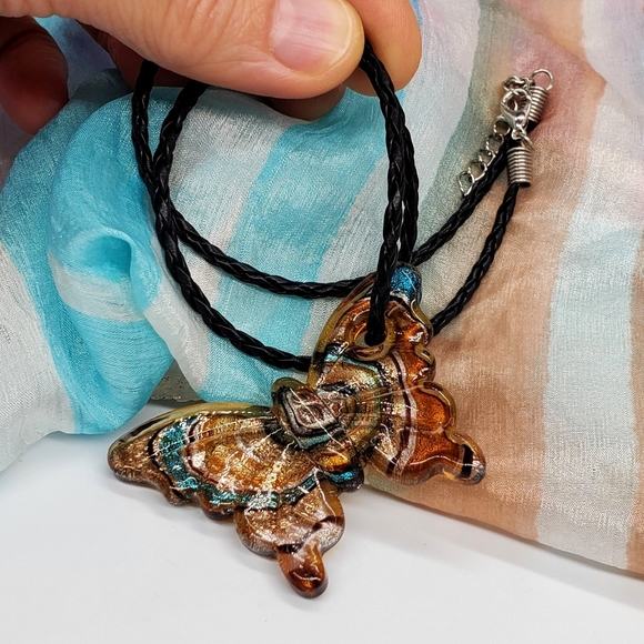 Artisan Jewelry - 🌱 Black Necklace 🖤 Glass Orange/Blue/Sparkling Golden Butterfly